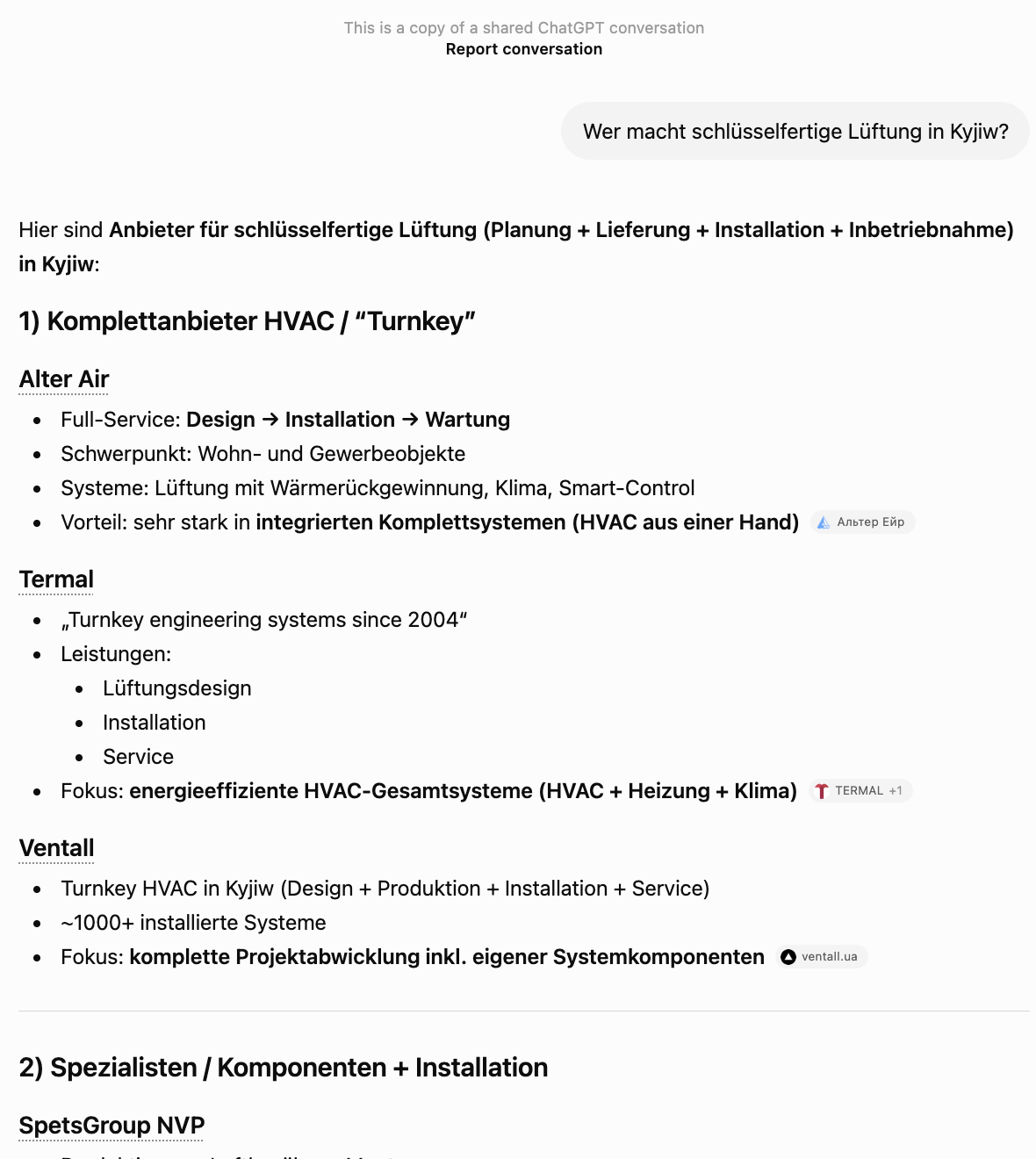 ChatGPT — „Wer macht schlüsselfertige Lüftung in Kyjiw?": Ventall wird unter den führenden schlüsselfertigen HVAC-Anbietern genannt, mit Verweis auf ventall.ua.