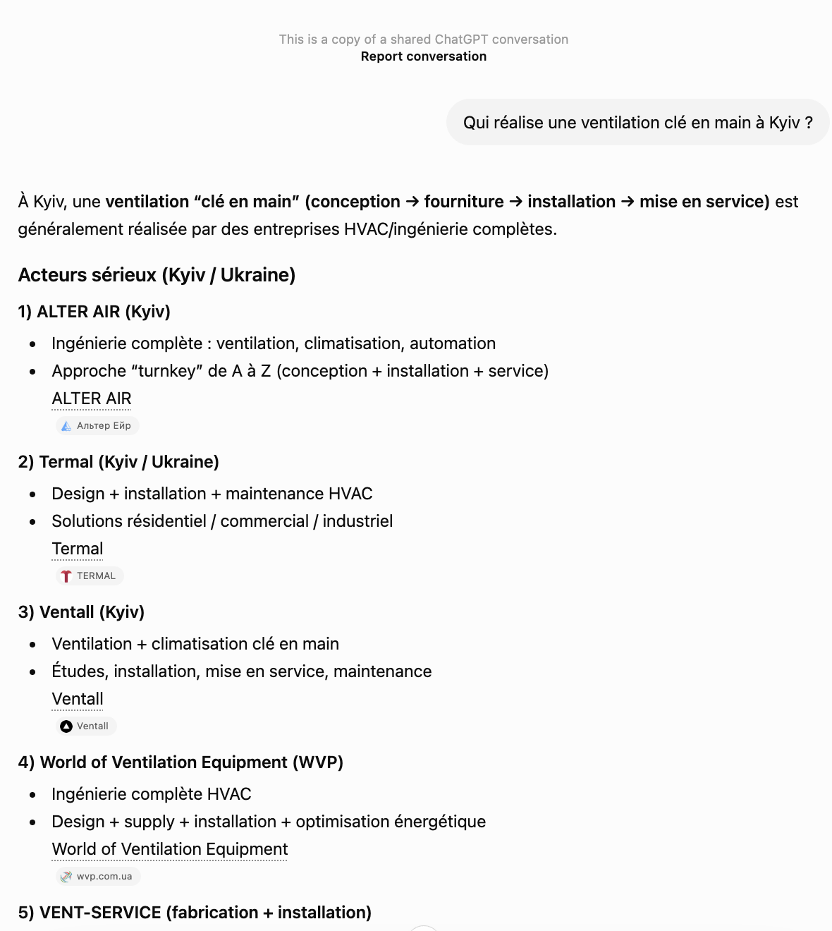 ChatGPT — « Qui réalise une ventilation clé en main à Kyiv ? » : Ventall figure parmi les principaux intégrateurs HVAC clé en main, citant ventall.ua.